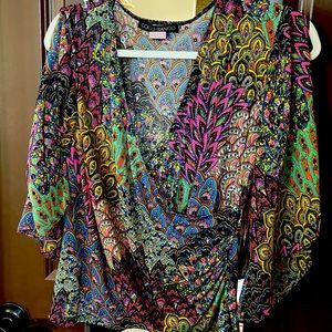 Coco Bianco cold-shoulder wrap blouse, bright paisley print